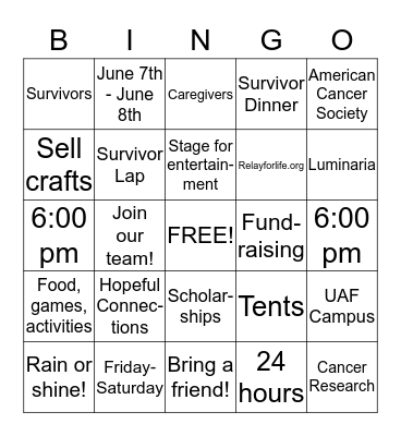 Relay for Life Bingo Card