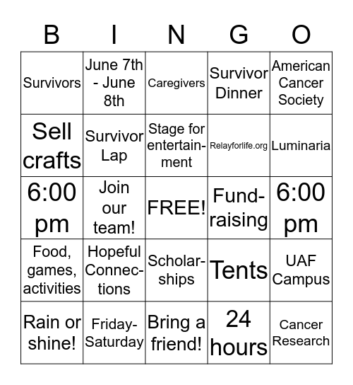 Relay for Life Bingo Card