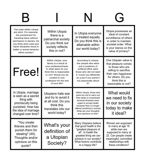 Utopia Bingo!!! Bingo Card
