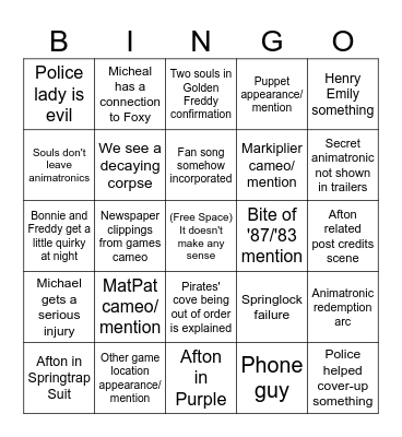 FNAF Movie Bingo Card