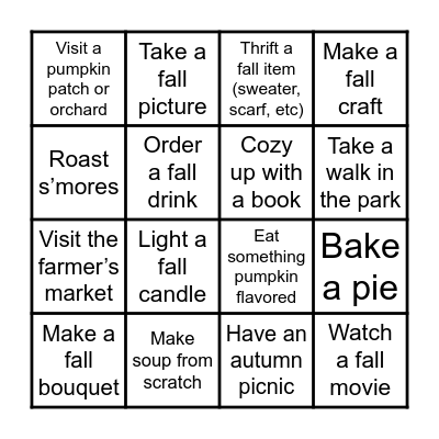 Autumn Bucket List Bingo Card