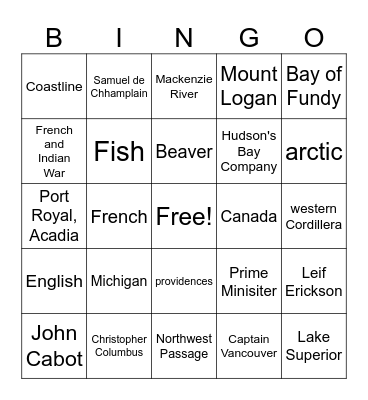 Canada Review Bingo Card