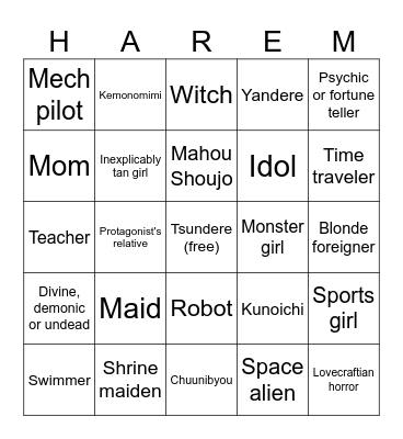 Harem anime roster bingo Card