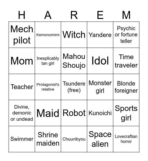 Harem anime roster bingo Card