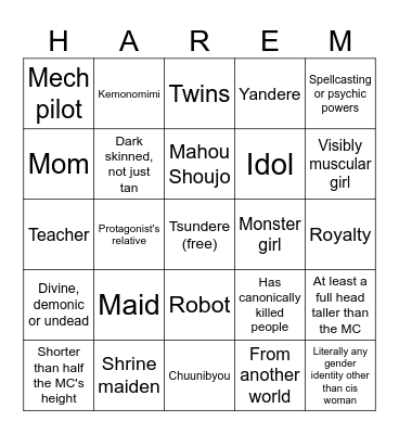 Harem anime roster bingo Card