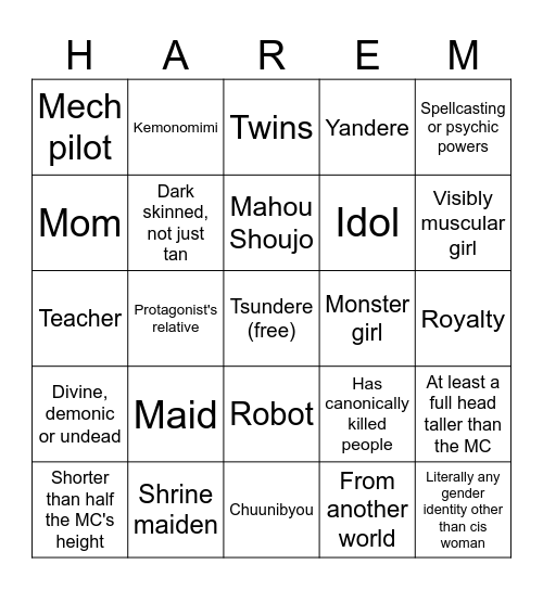 Harem anime roster bingo Card