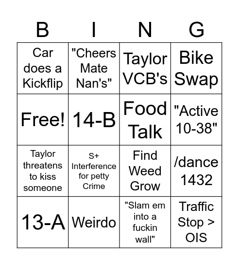 Vibe Car Bingo Card