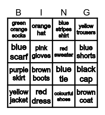 Clothes Bingo Card