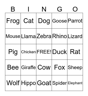 Animals Bingo Card