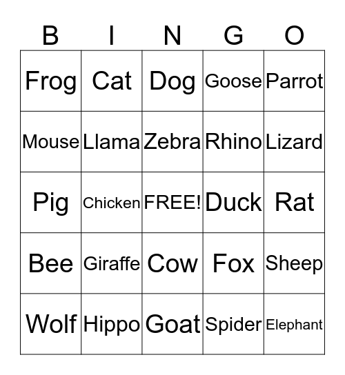 Animals Bingo Card