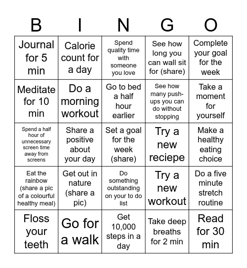 Oct 8th Healthy Lifestyle Bingo Card