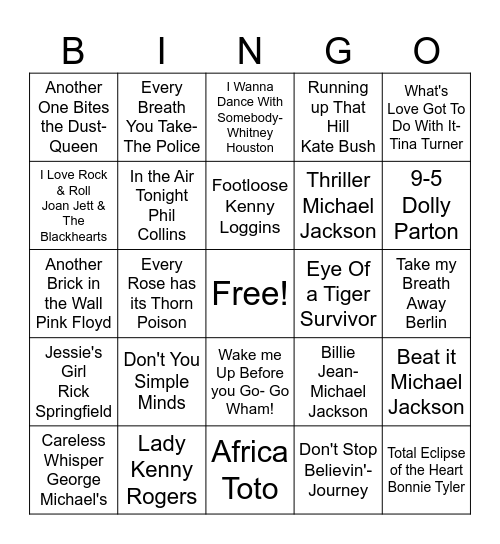 80s Music! Bingo Card