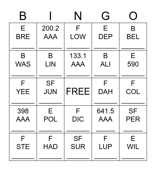 CALL NUMBER BINGO Card