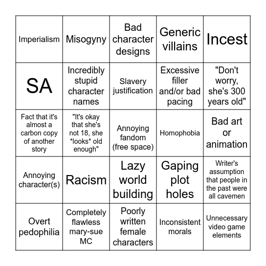 This isekai is good except for the... Bingo Card