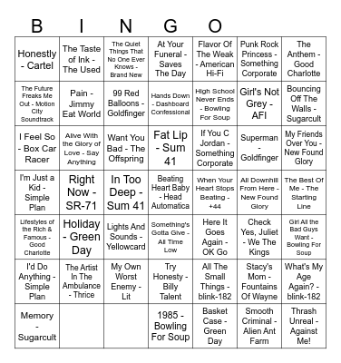 Pop Punk Bingo Card