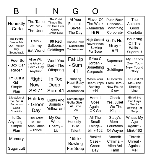 Pop Punk Bingo Card