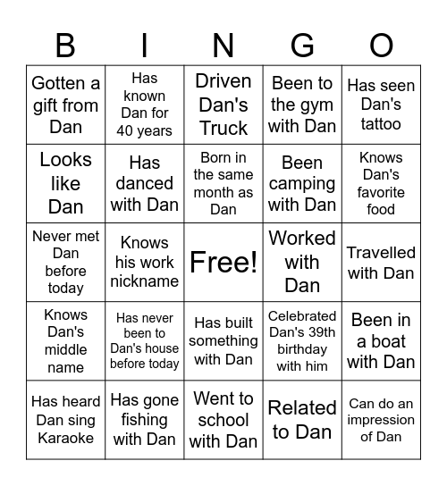 Dan's Birthday Bingo Card