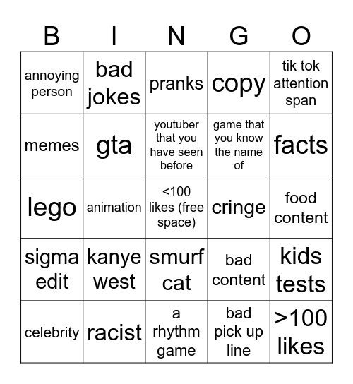 yt shorts Bingo Card