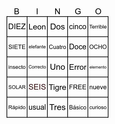 Spanish Bingo Card