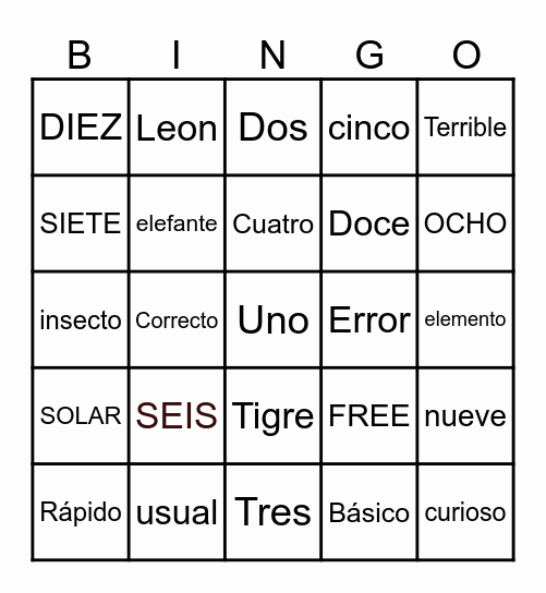 Spanish Bingo Card