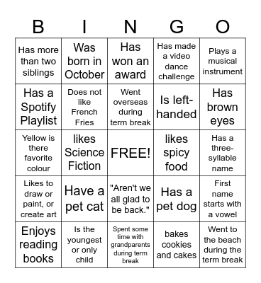 Term 2 Back to Class Bingo Card