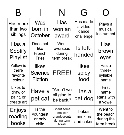 Term 2 Back to Class Bingo Card