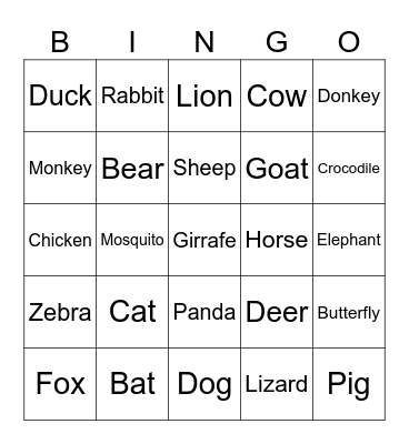Animal Bingo Card