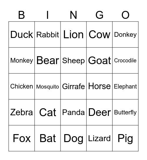 Animal Bingo Card