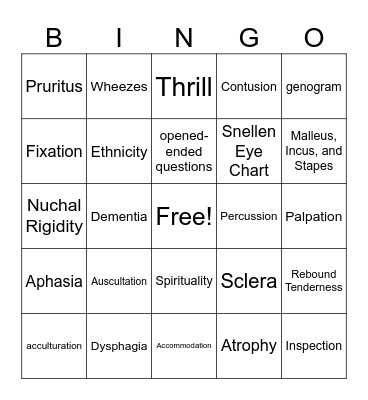 Comprehensive Health Assessment Bingo Card