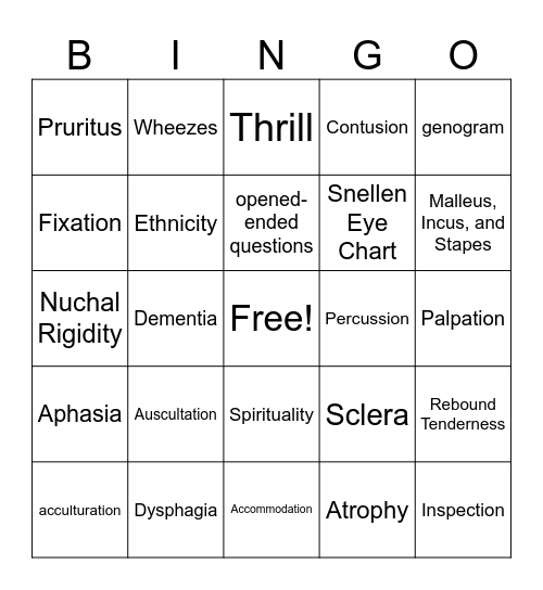 Comprehensive Health Assessment Bingo Card