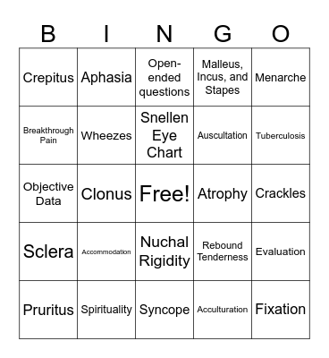 Comprehensive Health Assessment Bingo Card
