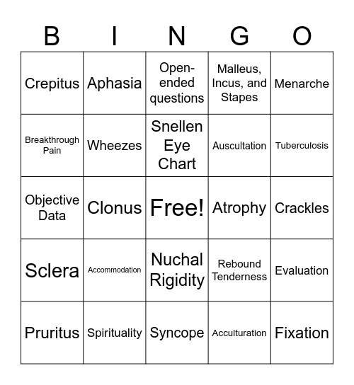 Comprehensive Health Assessment Bingo Card