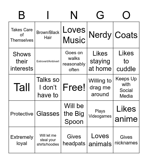 Are You Raine’s Type? (Male) Bingo Card