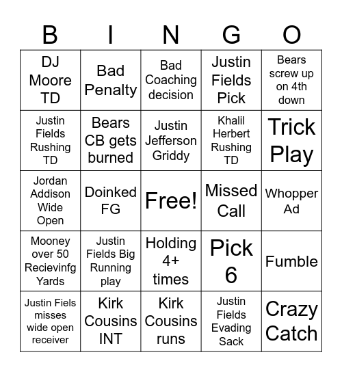 Bears vs Vikings BINGO Card