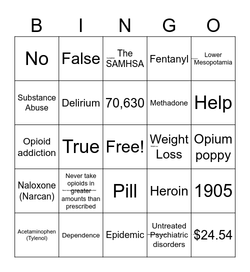 Opioid Bingo Card