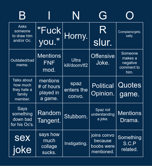 spaz bingo (text) Bingo Card