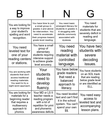Literacy Materials and Resources Bingo Card