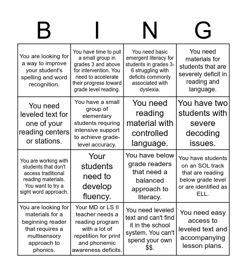 Literacy Materials and Resources Bingo Card