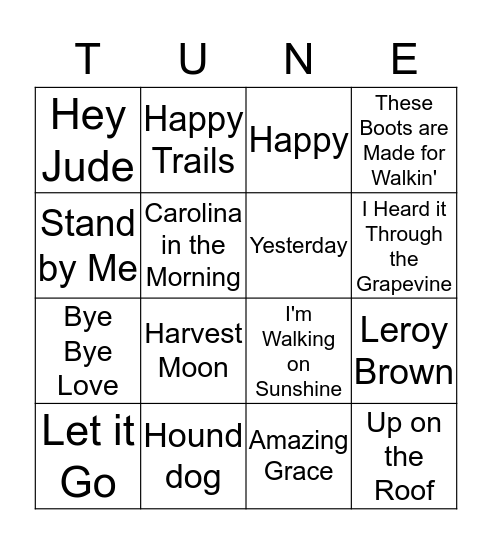 Name That Tune Bingo Card