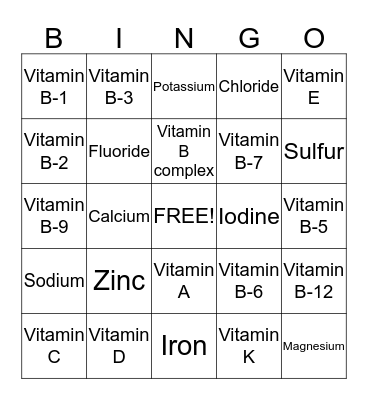 Vitamin Bingo Card