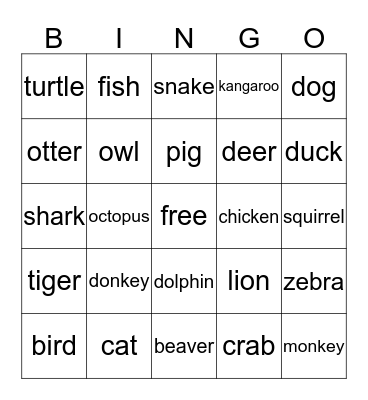 ANIMAL ACTION Bingo Card