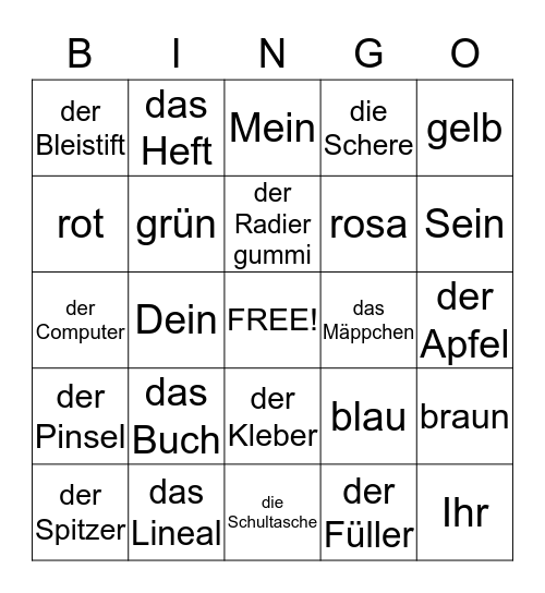 Schoolstuff Bingo Card