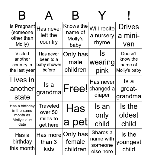 Baby Shower Bingo: Find someone who meets the description on the card. When you get five in a row, win a prize! Bingo Card