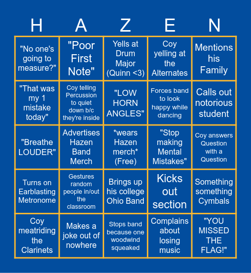 UPDATED Hazen Marching Band Bingo Chart Bingo Card