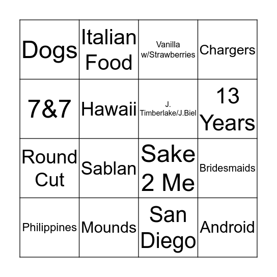 Janel's Bridal Shower Bingo Card