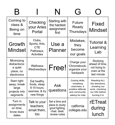 Study Skills Bingo Card