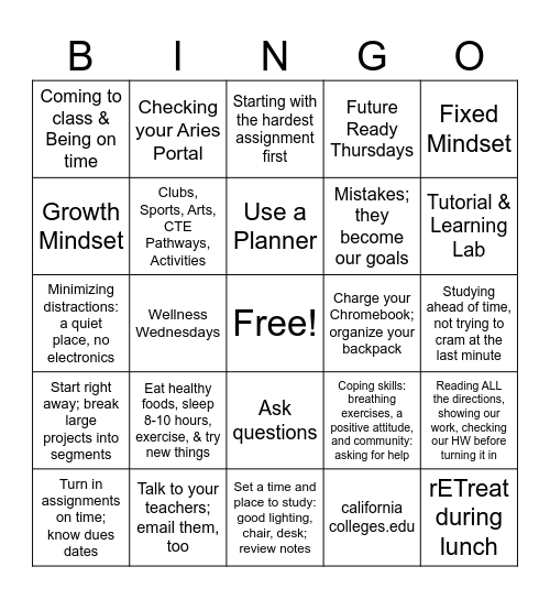 Study Skills Bingo Card