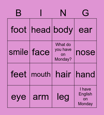 Starters Body Bingo Card