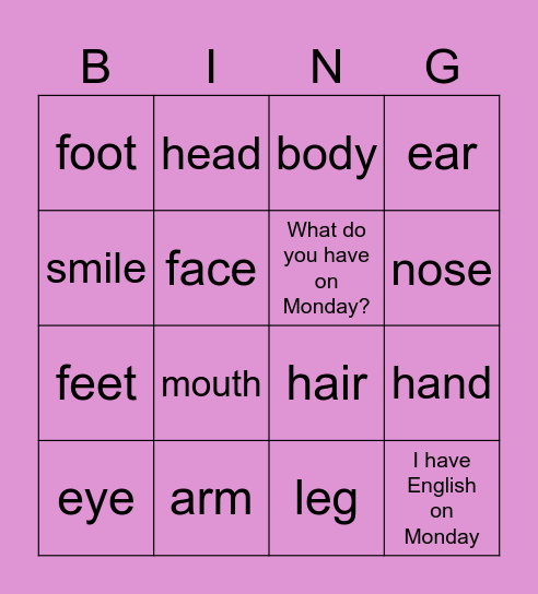 Starters Body Bingo Card