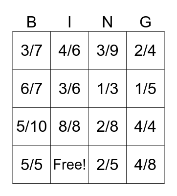 FRACTION BINGO Card